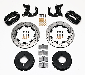 Wilwood Forged Dynalite Pro Series Rear Brake Kit Parts Laid Out - Type III Anodize Caliper - SRP Drilled & Slotted Rotor