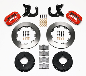 Wilwood Forged Dynalite Pro Series Rear Brake Kit Parts Laid Out - Red Powder Coat Caliper - Plain Face Rotor