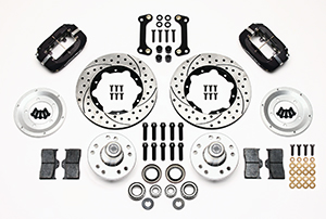 Wilwood Forged Dynalite Pro Series Front Brake Kit Parts Laid Out - Type III Anodize Caliper - SRP Drilled & Slotted Rotor