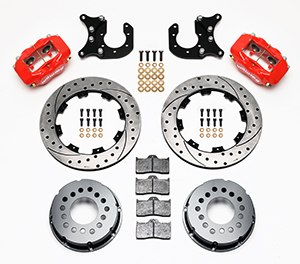 Wilwood Forged Dynalite Pro Series Rear Brake Kit Parts Laid Out - Red Powder Coat Caliper - SRP Drilled & Slotted Rotor