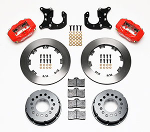 Wilwood Forged Dynalite Pro Series Rear Brake Kit Parts Laid Out - Red Powder Coat Caliper - Plain Face Rotor