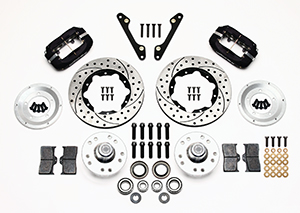 Wilwood Forged Dynalite Pro Series Front Brake Kit Parts Laid Out - Type III Anodize Caliper - SRP Drilled & Slotted Rotor