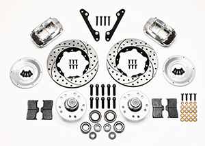 Wilwood Forged Dynalite Pro Series Front Brake Kit Parts Laid Out - Polish Caliper - SRP Drilled & Slotted Rotor