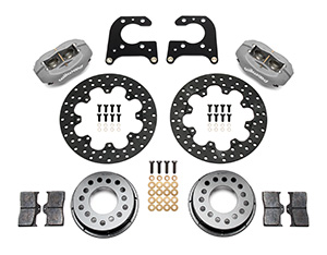 Wilwood Forged Dynalite Rear Drag Brake Kit Parts Laid Out - Type III Anodize Caliper - Drilled Rotor