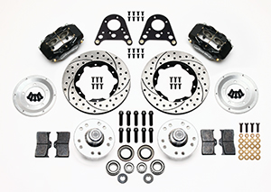 Wilwood Forged Dynalite Pro Series Front Brake Kit Parts Laid Out - Black Powder Coat Caliper - SRP Drilled & Slotted Rotor