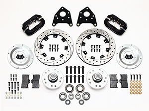 Wilwood Forged Dynalite Pro Series Front Brake Kit Parts Laid Out - Type III Anodize Caliper - SRP Drilled & Slotted Rotor