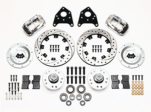 Wilwood Forged Dynalite Pro Series Front Brake Kit Parts Laid Out - Polish Caliper - SRP Drilled & Slotted Rotor