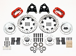 Wilwood Forged Dynalite Pro Series Front Brake Kit Parts Laid Out - Red Powder Coat Caliper - SRP Drilled & Slotted Rotor