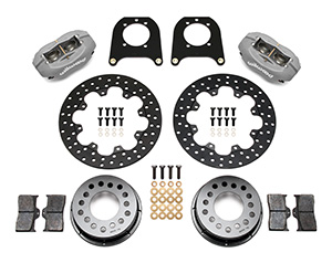 Wilwood Forged Dynalite Rear Drag Brake Kit Parts Laid Out - Type III Anodize Caliper - Drilled Rotor