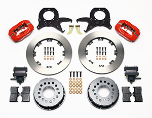 Wilwood Forged Dynalite Pro Series Rear Brake Kit w/P-Brake Parts Laid Out - Red Powder Coat Caliper - Plain Face Rotor
