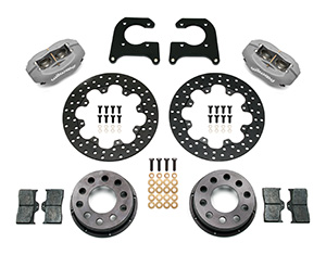 Wilwood Forged Dynalite Rear Drag Brake Kit Parts Laid Out - Type III Ano Caliper - Drilled Rotor