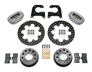 Wilwood Forged Dynalite Rear Drag Brake Kit Parts Laid Out - Type III Anodize Caliper - Drilled Rotor