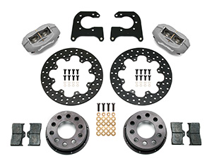 Wilwood Forged Dynalite Rear Drag Brake Kit Parts Laid Out - Type III Ano Caliper - Drilled Rotor