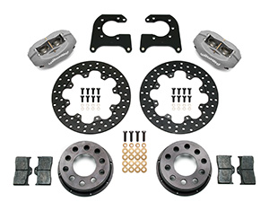 Wilwood Forged Dynalite Rear Drag Brake Kit Parts Laid Out - Type III Anodize Caliper - Drilled Rotor