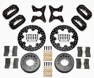 Wilwood Forged Dynalite Dual Dynamic Rear Drag Brake Kit Parts Laid Out - Type III Anodize Caliper - Drilled Rotor