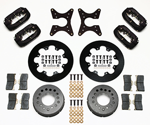 Wilwood Forged Dynalite Dual Dynamic Rear Drag Brake Kit Parts Laid Out - Type III Anodize Caliper - Plain Face Rotor