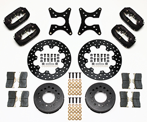 Wilwood Forged Dynalite Dual Dynamic Rear Drag Brake Kit Parts Laid Out - Type III Anodize Caliper - Drilled Rotor
