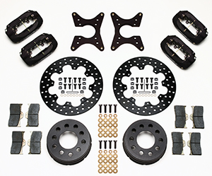 Wilwood Forged Dynalite Dual Dynamic Rear Drag Brake Kit Parts Laid Out - Type III Anodize Caliper - Drilled Rotor