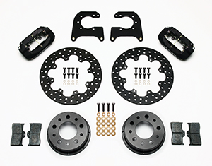 Wilwood Forged Dynalite Rear Drag Brake Kit Parts Laid Out - Type III Anodize Caliper - Drilled Rotor