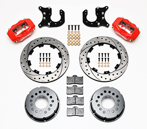 Wilwood Forged Dynalite Pro Series Rear Brake Kit Parts Laid Out - Red Powder Coat Caliper - SRP Drilled & Slotted Rotor