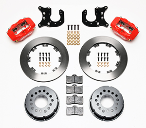 Wilwood Forged Dynalite Pro Series Rear Brake Kit Parts Laid Out - Red Powder Coat Caliper - Plain Face Rotor