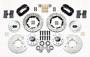 Wilwood Forged Dynalite Pro Series Front Brake Kit Parts Laid Out - Type III Anodize Caliper - SRP Drilled & Slotted Rotor