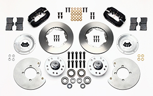 Wilwood Forged Dynalite Pro Series Front Brake Kit Parts Laid Out - Type III Anodize Caliper - Plain Face Rotor