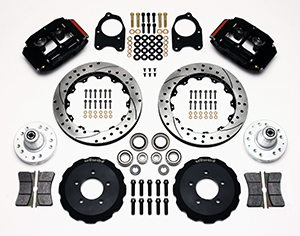 Wilwood Superlite 6 Big Brake Front Brake Kit (Hub) Parts Laid Out - Black Anodize Caliper - SRP Drilled & Slotted Rotor