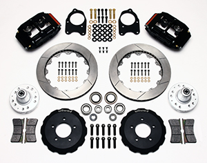 Wilwood Superlite 6 Big Brake Front Brake Kit (Hub) Parts Laid Out - Black Anodize Caliper - GT Slotted Rotor