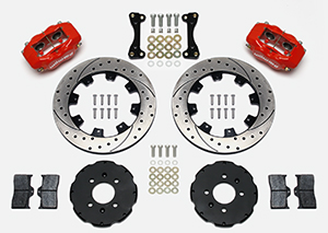 Wilwood Forged Dynalite Big Brake Front Brake Kit (Hat) Parts Laid Out - Red Powder Coat Caliper - SRP Drilled & Slotted Rotor