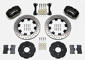 Wilwood Forged Dynalite Big Brake Front Brake Kit (Hat) Parts Laid Out - Black Powder Coat Caliper - SRP Drilled & Slotted Rotor