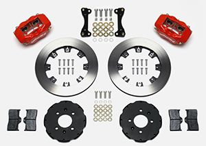 Wilwood Forged Dynalite Big Brake Front Brake Kit (Hat) Parts Laid Out - Red Powder Coat Caliper - Plain Face Rotor