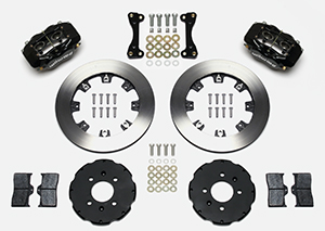 Wilwood Forged Dynalite Big Brake Front Brake Kit (Hat) Parts Laid Out - Black Powder Coat Caliper - Plain Face Rotor