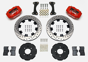 Wilwood Forged Dynalite Big Brake Front Brake Kit (Hat) Parts Laid Out - Red Powder Coat Caliper - SRP Drilled & Slotted Rotor