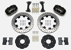 Wilwood Forged Dynalite Big Brake Front Brake Kit (Hat) Parts Laid Out - Black Powder Coat Caliper - SRP Drilled & Slotted Rotor