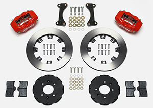 Wilwood Forged Dynalite Big Brake Front Brake Kit (Hat) Parts Laid Out - Red Powder Coat Caliper - Plain Face Rotor