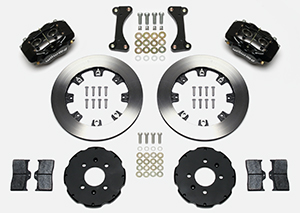 Wilwood Forged Dynalite Big Brake Front Brake Kit (Hat) Parts Laid Out - Black Powder Coat Caliper - Plain Face Rotor