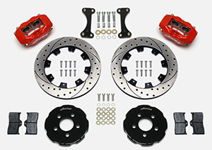 Wilwood Forged Dynalite Big Brake Front Brake Kit (Hat) Parts Laid Out - Red Powder Coat Caliper - SRP Drilled & Slotted Rotor