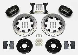 Wilwood Forged Dynalite Big Brake Front Brake Kit (Hat) Parts Laid Out - Black Powder Coat Caliper - SRP Drilled & Slotted Rotor
