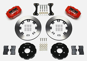 Wilwood Forged Dynalite Big Brake Front Brake Kit (Hat) Parts Laid Out - Red Powder Coat Caliper - Plain Face Rotor