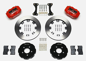 Wilwood Forged Dynalite Big Brake Front Brake Kit (Hat) Parts Laid Out - Red Powder Coat Caliper - Plain Face Rotor