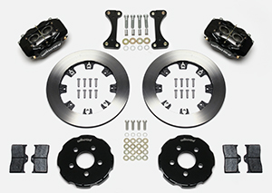 Wilwood Forged Dynalite Big Brake Front Brake Kit (Hat) Parts Laid Out - Black Powder Coat Caliper - Plain Face Rotor