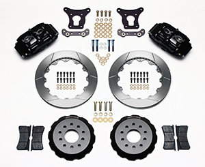 Wilwood Superlite 6 Big Brake Front Brake Kit (Hat) Parts Laid Out - Black Powder Coat Caliper - GT Slotted Rotor