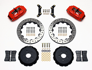 Wilwood Superlite 6 Big Brake Front Brake Kit (Hat) Parts Laid Out - Red Powder Coat Caliper - SRP Drilled & Slotted Rotor