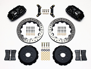 Wilwood Superlite 6 Big Brake Front Brake Kit (Hat) Parts Laid Out - Black Powder Coat Caliper - SRP Drilled & Slotted Rotor