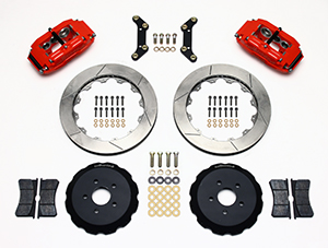 Wilwood Superlite 6 Big Brake Front Brake Kit (Hat) Parts Laid Out - Red Powder Coat Caliper - GT Slotted Rotor