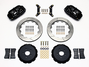 Wilwood Superlite 6 Big Brake Front Brake Kit (Hat) Parts Laid Out - Black Powder Coat Caliper - GT Slotted Rotor