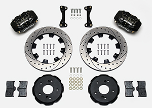 Wilwood Forged Dynalite Big Brake Front Brake Kit (Hat) Parts Laid Out - Black Powder Coat Caliper - SRP Drilled & Slotted Rotor