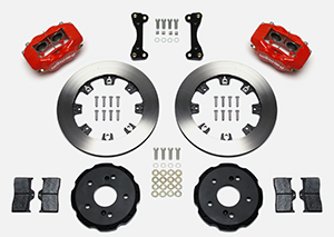 Wilwood Forged Dynalite Big Brake Front Brake Kit (Hat) Parts Laid Out - Red Powder Coat Caliper - Plain Face Rotor