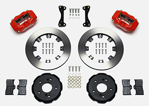 Wilwood Forged Dynalite Big Brake Front Brake Kit (Hat) Parts Laid Out - Red Powder Coat Caliper - Plain Face Rotor